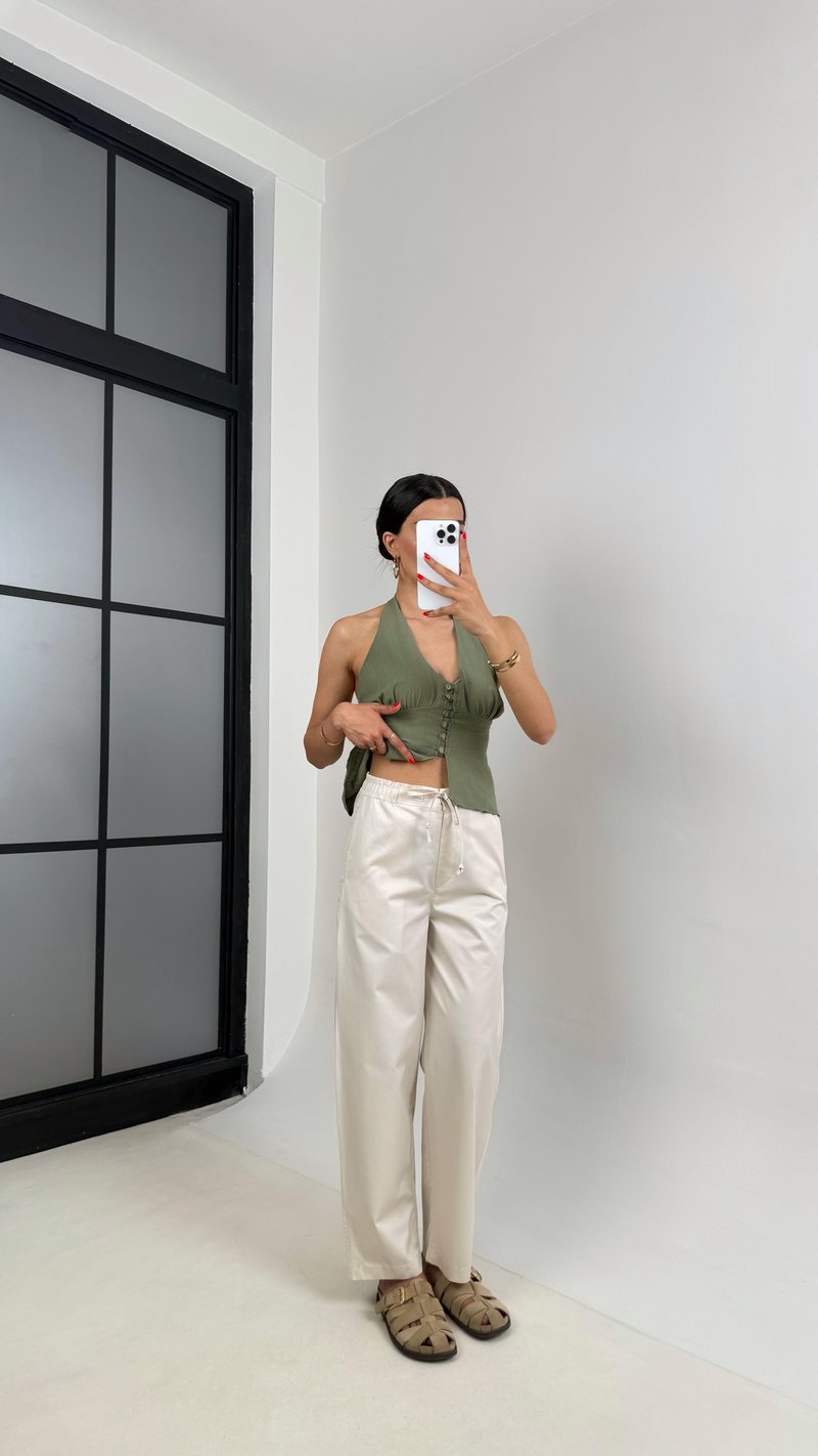 Taş Beli Lastikli Bağlamalı Cepli Muadil Pantolon Gaus00506 