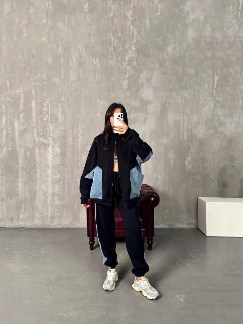 Lome Siyah Denim Karışımlı Şardonlu Oversize Takım