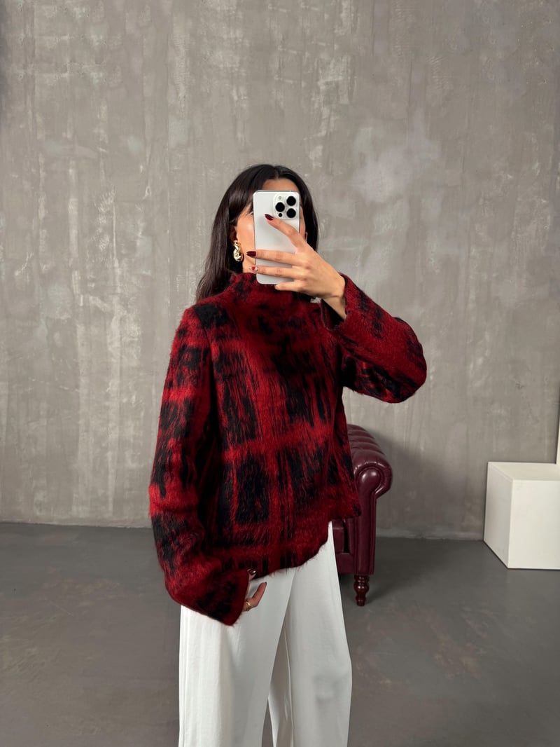 Iced Bordo Desenli Yarım Balıkçı Yaka Sakallı Kazak