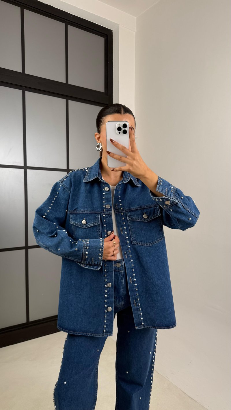 Lacivert Zımba Detaylı Gömlek Pantolon İkili Denim Takım GAUS-00194