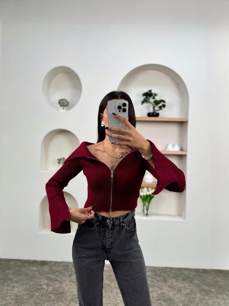 Brook Bordo Fitilli Fermuarlı Crop Hırka