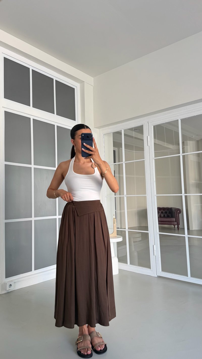 Kahve Kemer Detaylı Yumuşak Dokulu Etek GAUS-01723