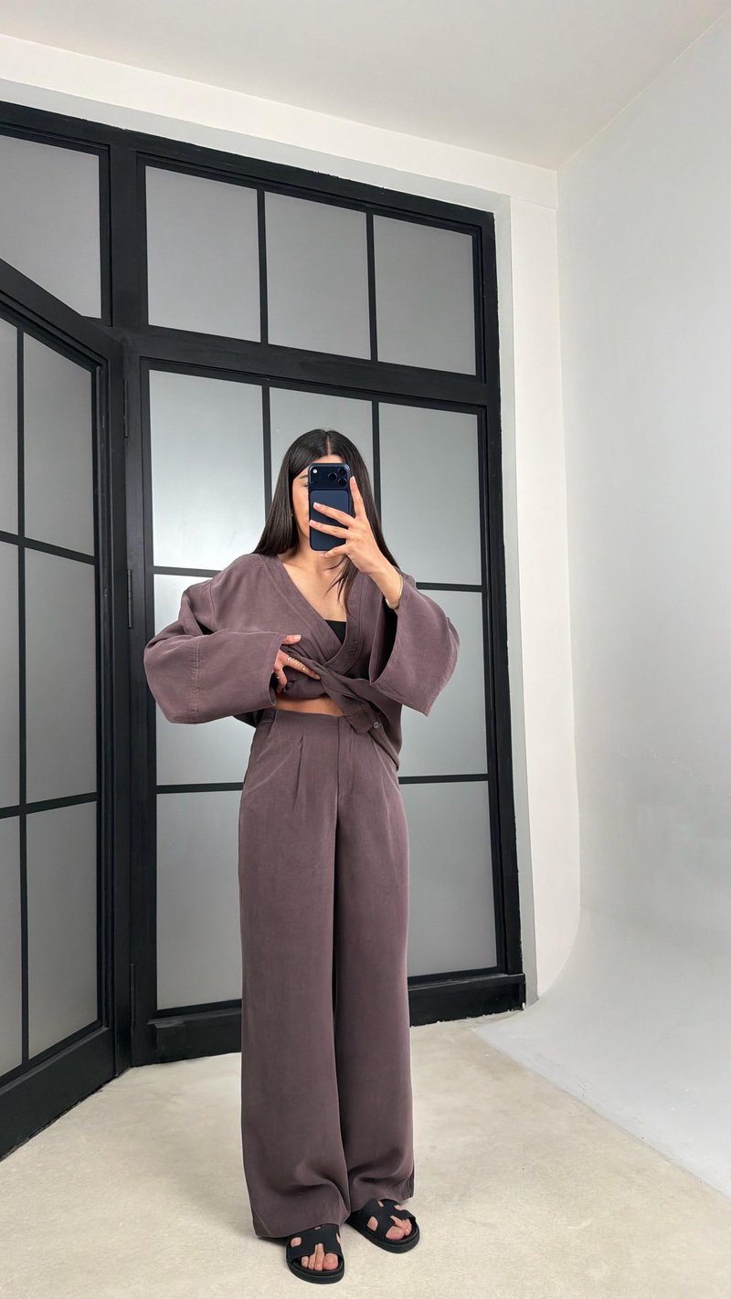 Kahve Zımba Detaylı Kimono Pantolon MD Muadil Tencel Takım GAUS-01451