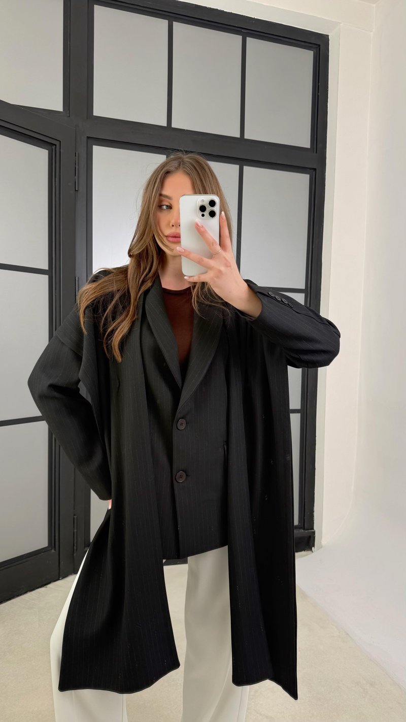 Siyah Çizgili Şal Detaylı Blazer Ceket GAUS-01167