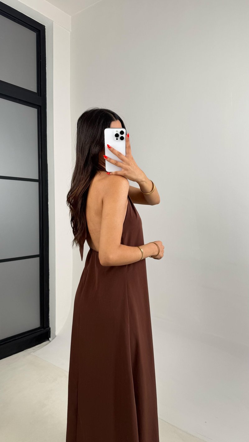 Kahve Boyundan Bağlamalı V Yaka Tencel Elbise GAUS-0014