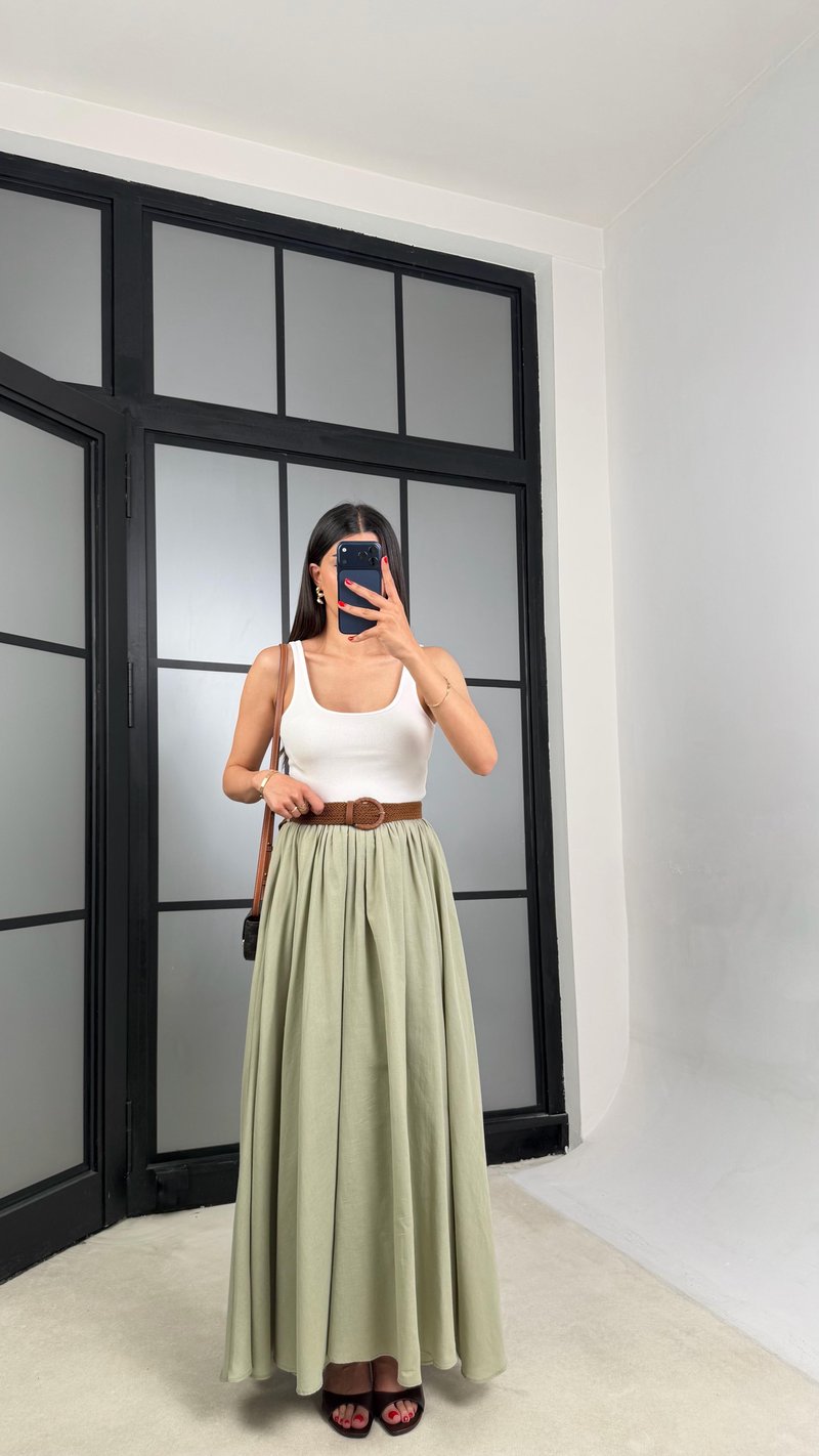 Yeşil Kemerli Astarlı Etek GAUS-01549