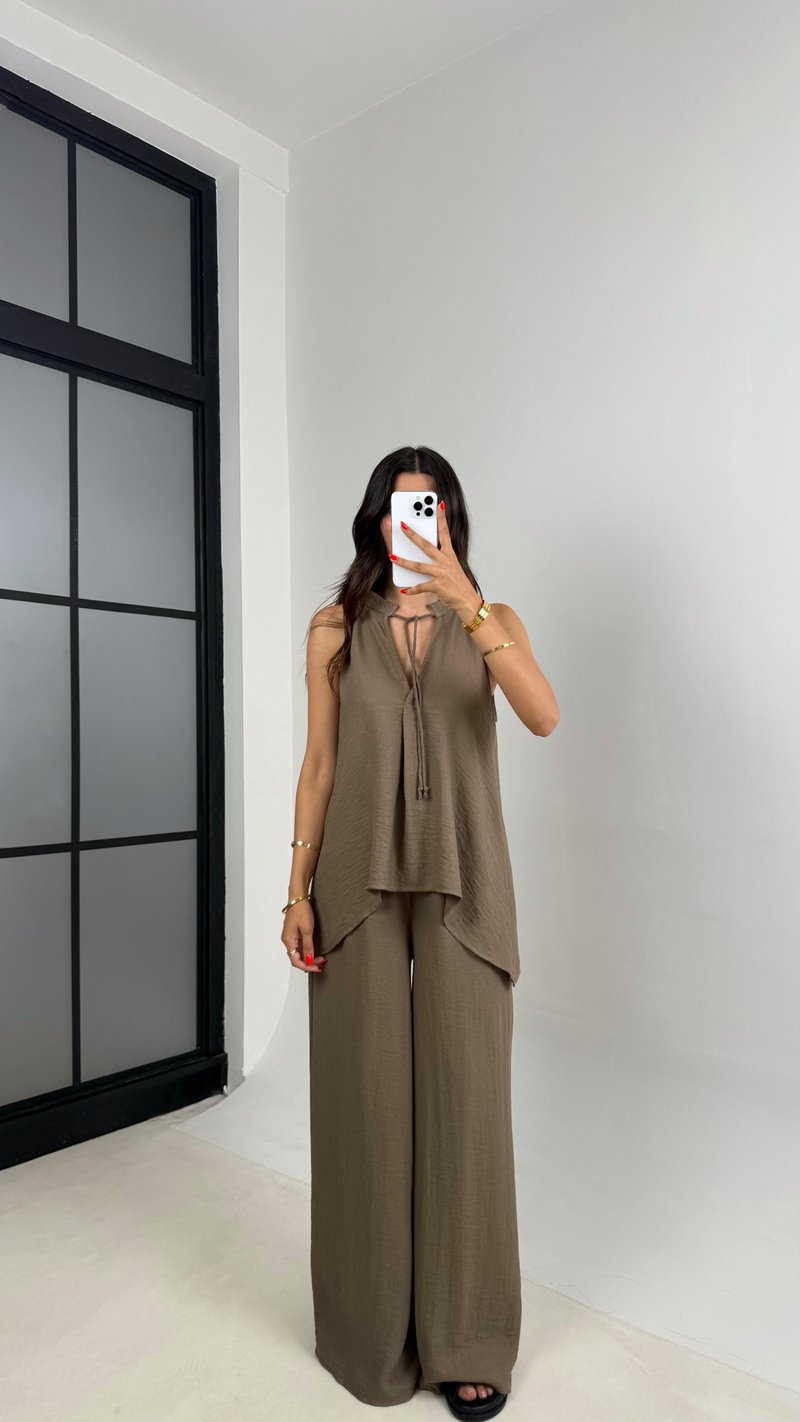 Vizon Boyundan Bağlamalı Asimetrik Bluz Beli Lastikli Pantolon GAUS-003