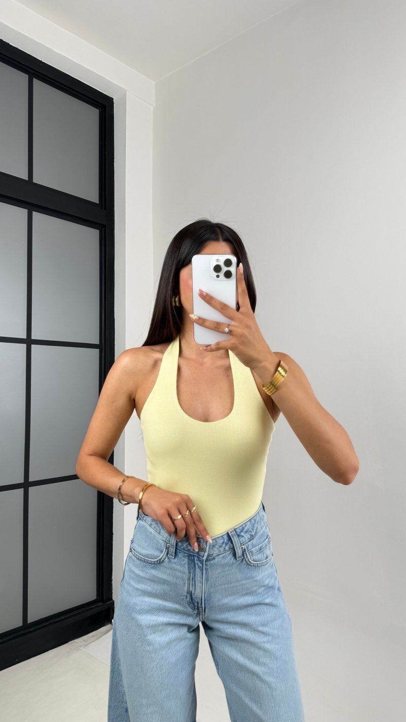 Sarı Boyundan Askılı Triko Crop Gaus00592