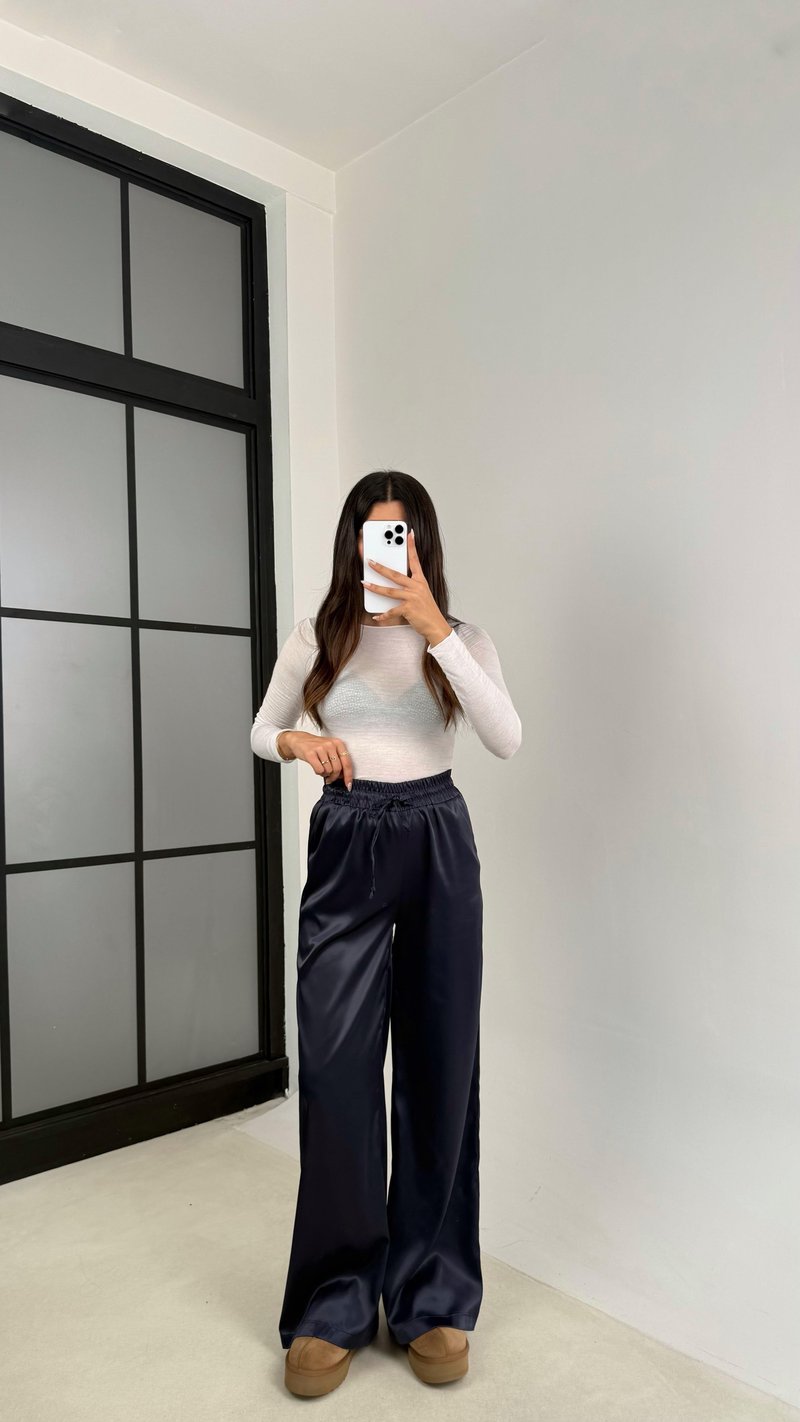 Lacivert Beli Lastikli Cepli Saten Pantolon GAUS-0090