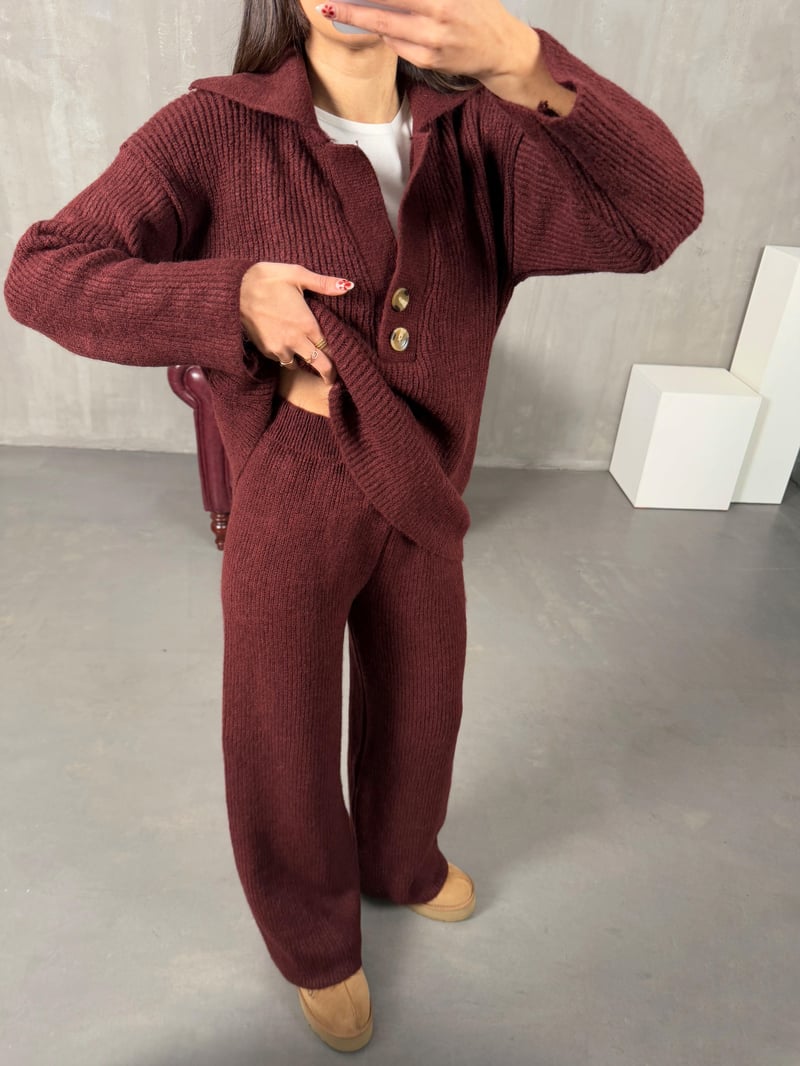 Sise Bordo Polo Yaka Fitilli Triko Takım