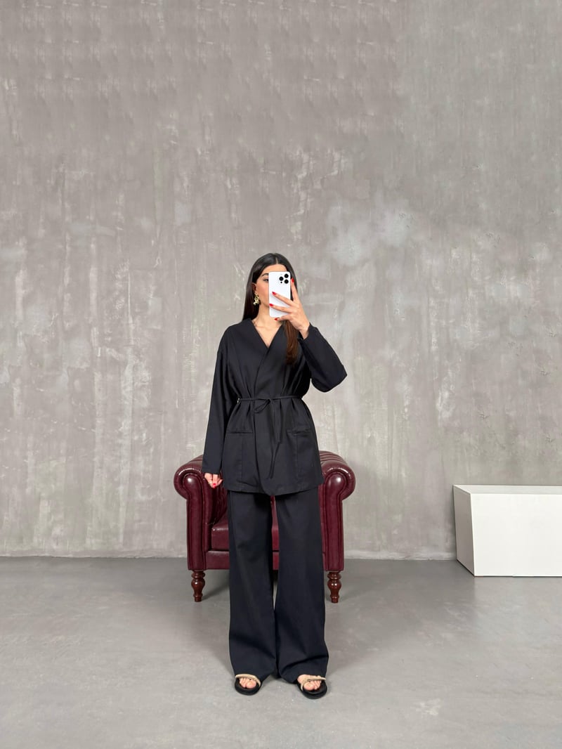 Black Belted Gabardine Set Gaus00157