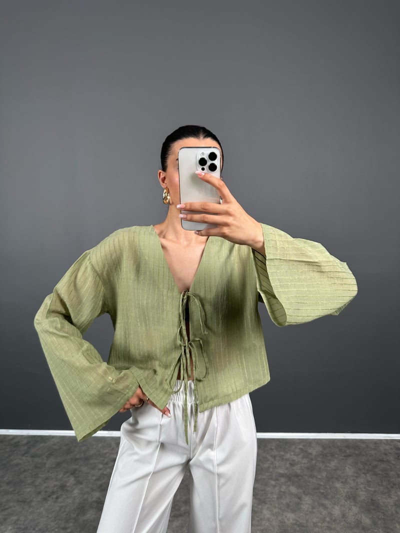 RY Haki Transparan Önden Bağlamalı Bluz