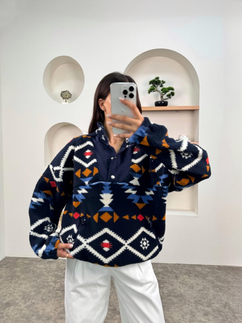 Jow Lacivert Desenli Yaka Çıtçıtlı Peluş Sweatshirt