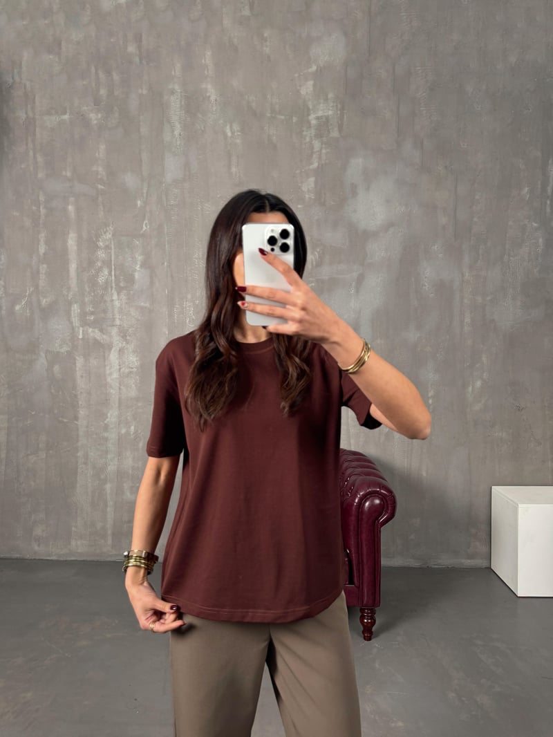 Tifi Kahve Bisiklet Yaka Basic Tshirt