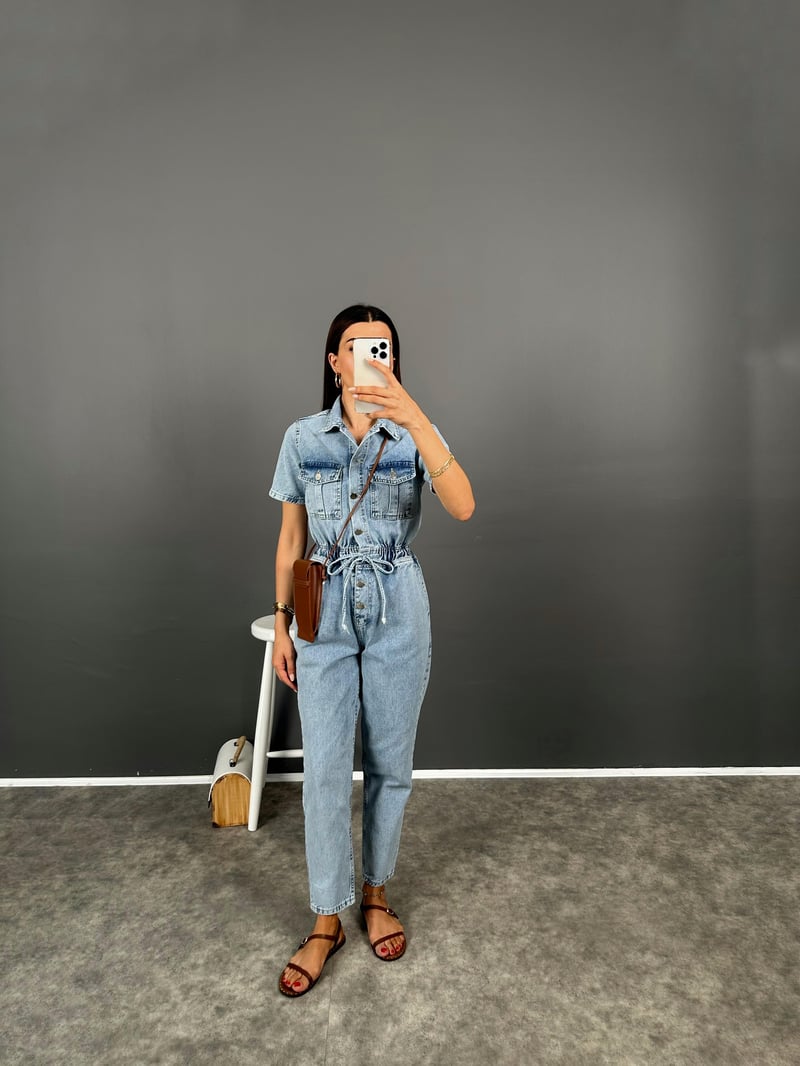 Valens Premium Denim Düğmeli Beli Lastikli Tulum 