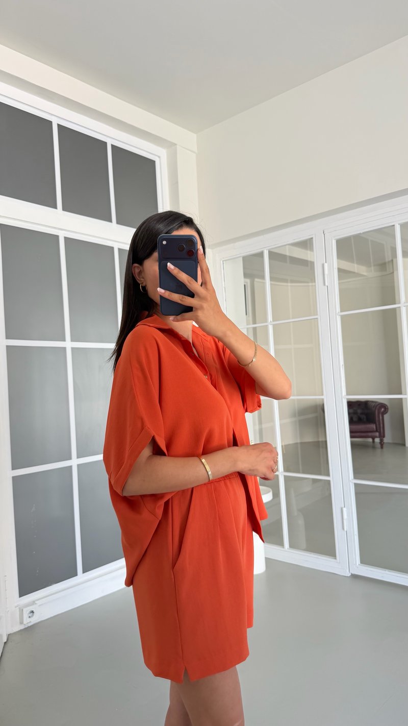 Turuncu Gömlek Beli Lastikli Şort Basic Takım GAUS-01721