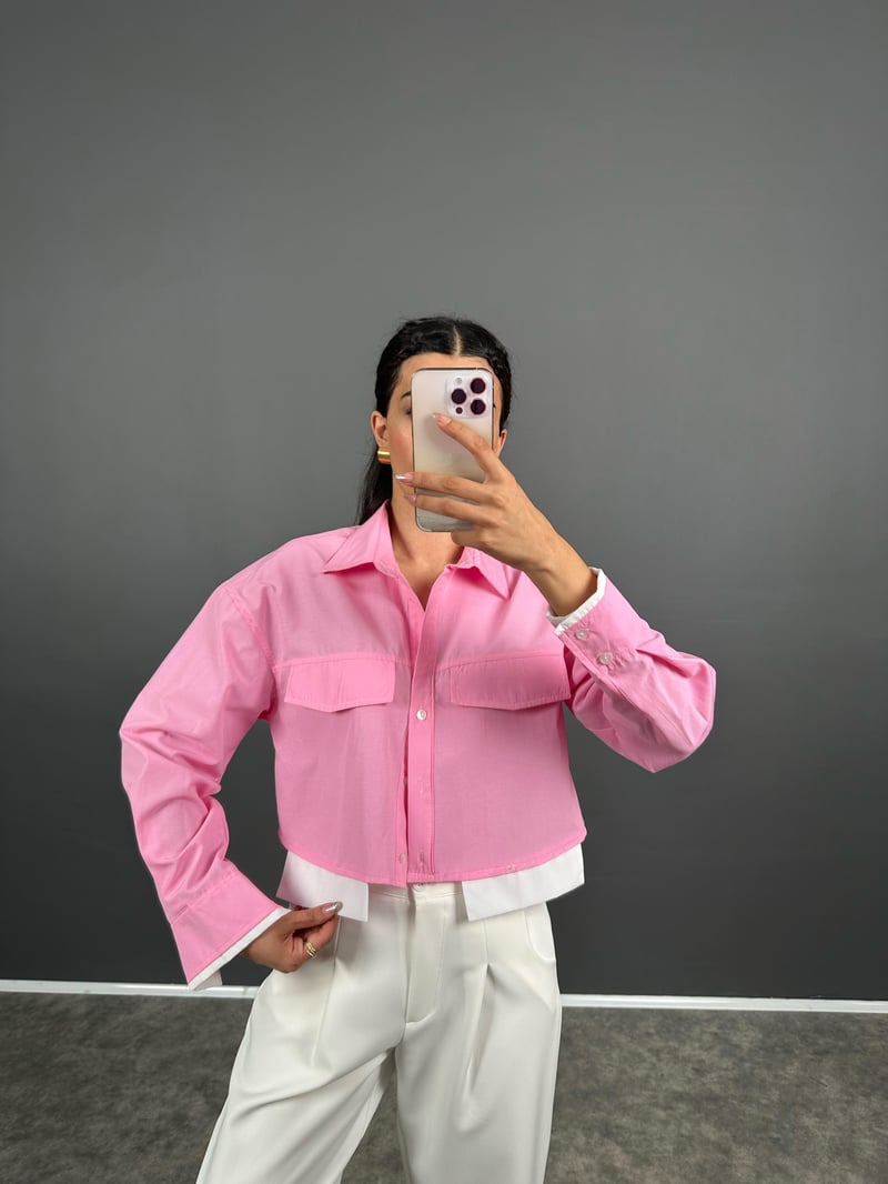 Ojit Pembe Çift Cepli Kısa Gömlek