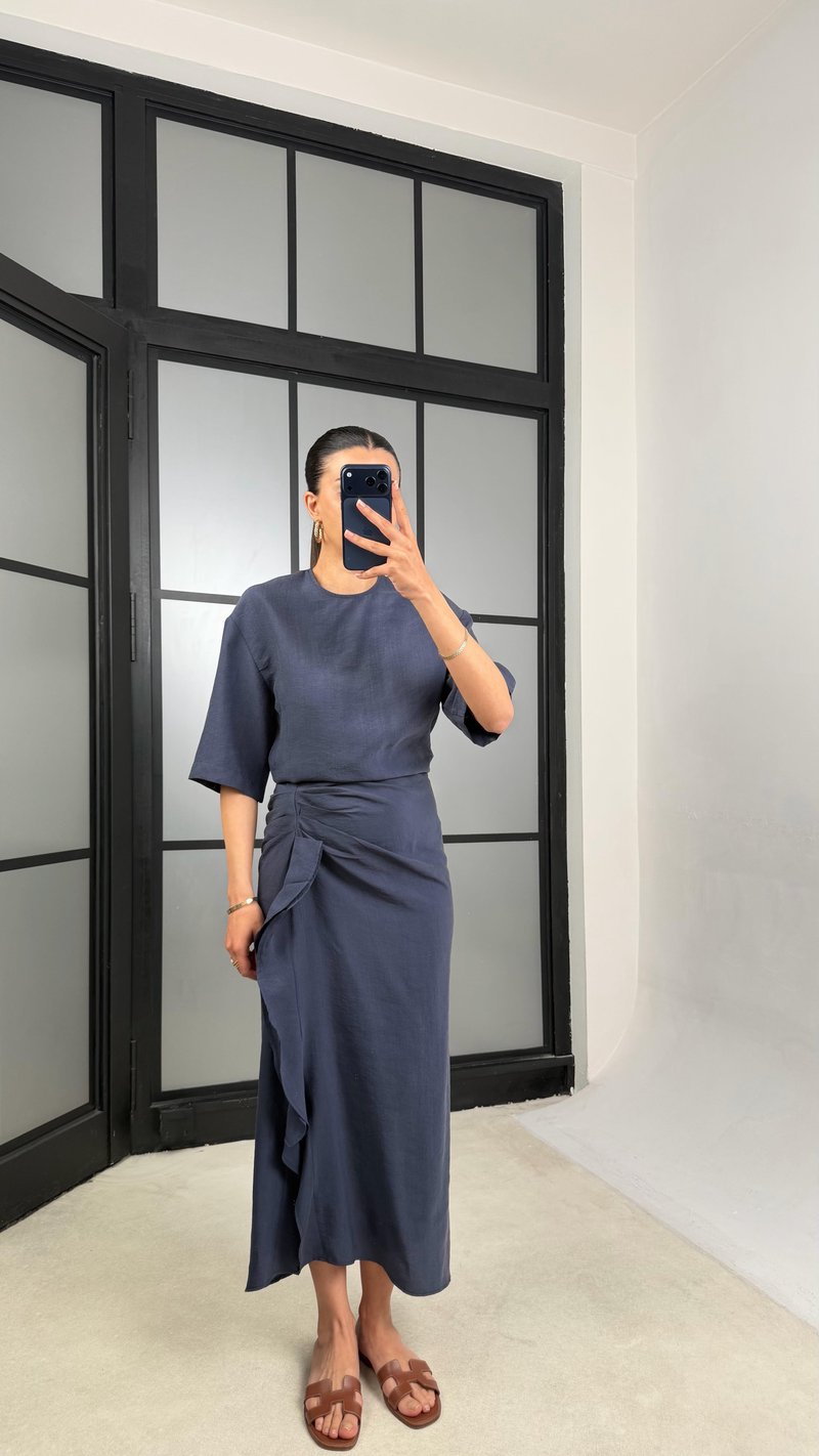 Lacivert Yırtmaç Detaylı Tencel Elbise GAUS-01405