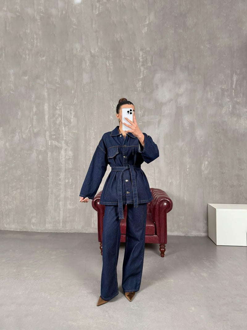 Mingo Navy Blue Belted Design Denim Set