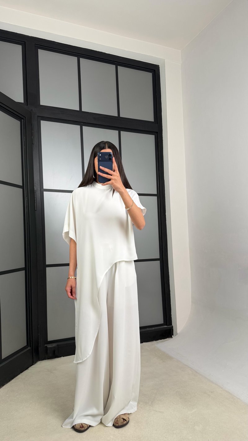 Beyaz Asimetrik Bluz Beli Lastikli Pantolon İkili Tasarım Takım GAUS-01490