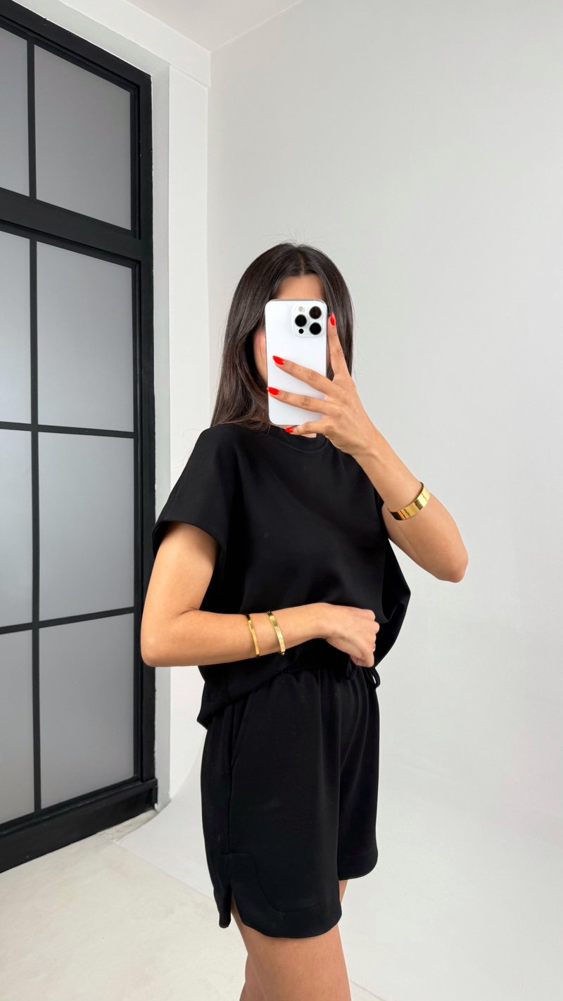 Siyah Tshirt Şort İkili Modal Kumaş Takım Gaus00691