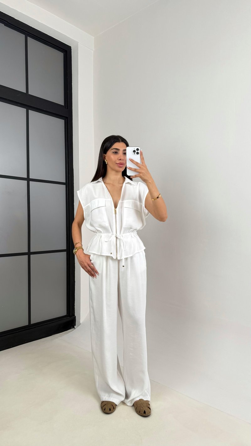Beyaz Cepli Bağlamalı Yelek Beli Lastikli Pantolon İkili Tencel Takım Gaus00546