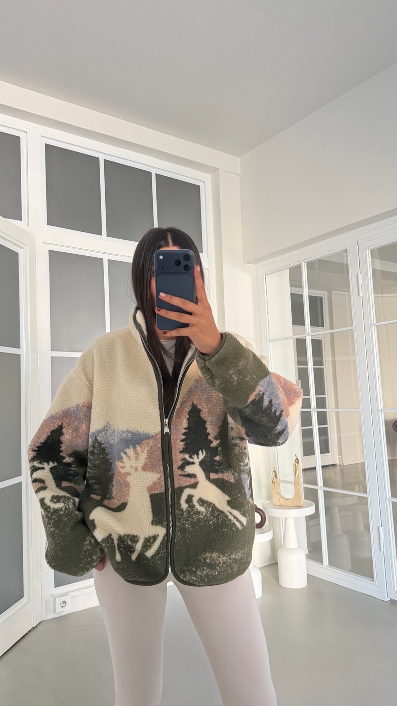 Yeşil Geyik Desenli Fermuarlı Polar Sweatshirt GAUS-01914