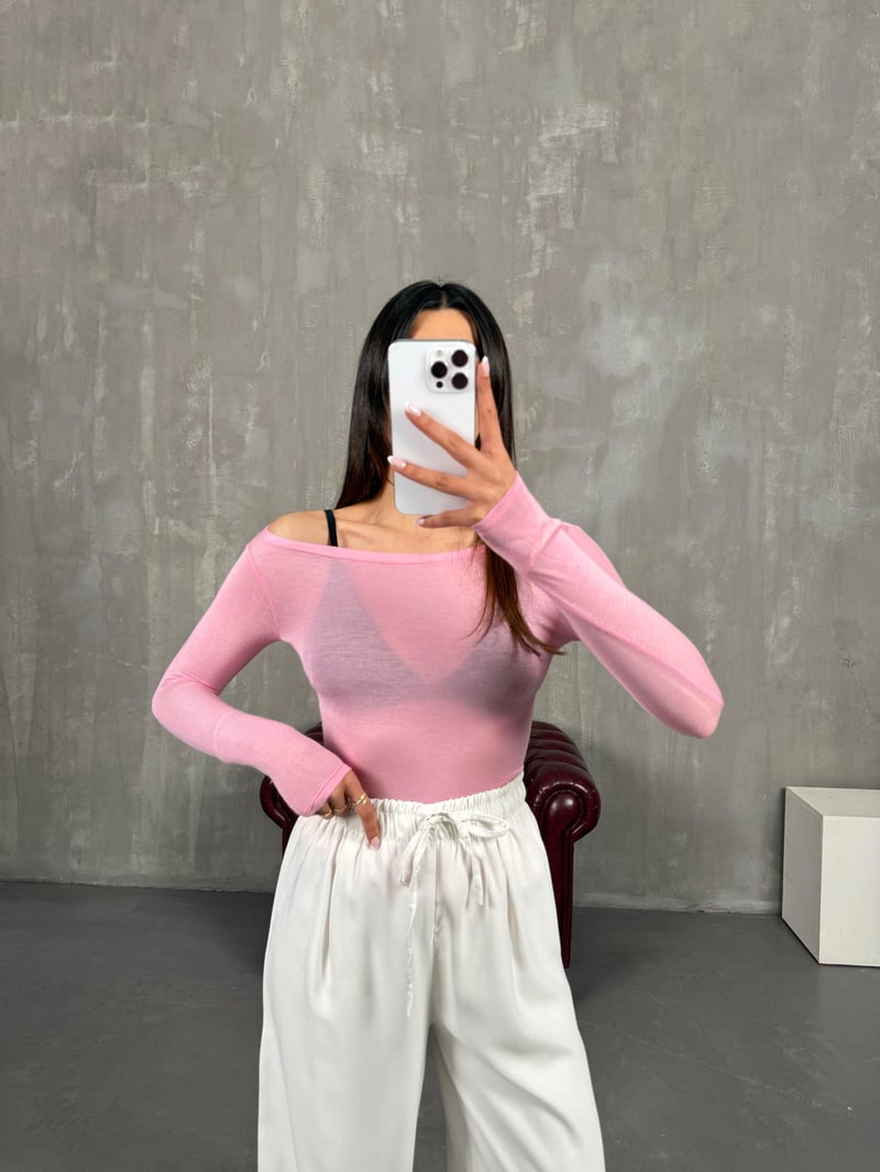 Pembe Transparan Kaşmir Dokulu Bluz Gaus00272