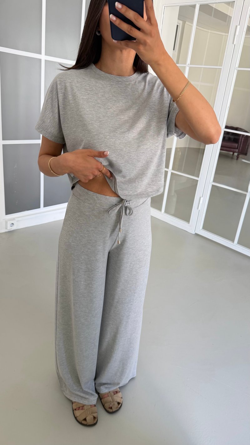 Gri Bluz Beli Lastikli Pantolon İkili Basic Takım GAUS-01712