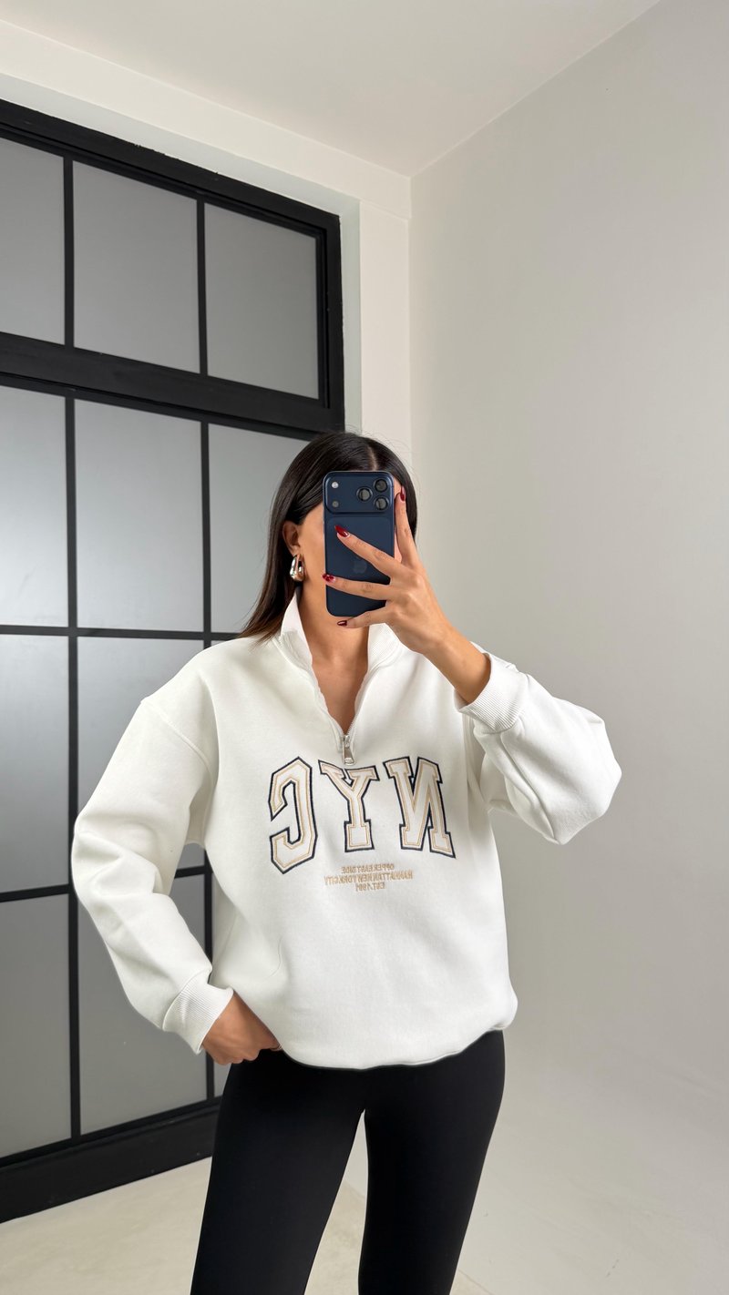 Beyaz Fermuarlı NYC Nakışlı Sweatshirt GAUS-00797