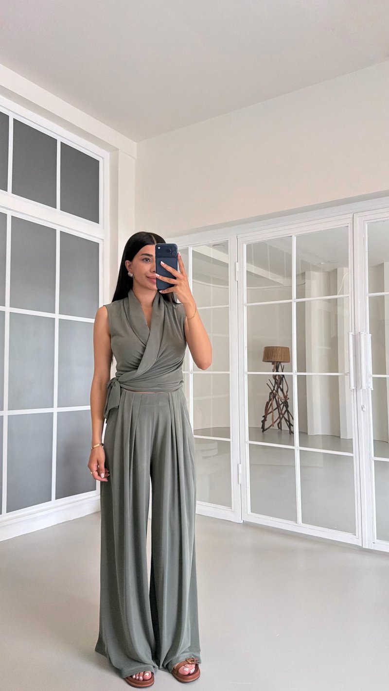 Haki OYS Model Bağlama Detaylı Bluz Beli Lastikli Pantolon İkili Modal Takım GAUS-01662