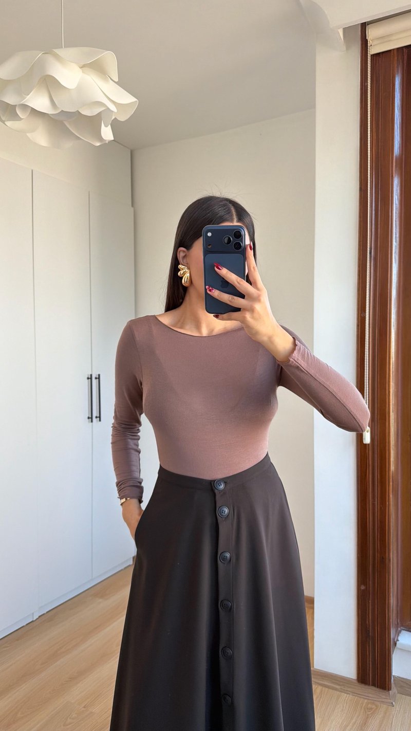 Acı Kahve Düğmeli Kumaş Etek GAUS-00616