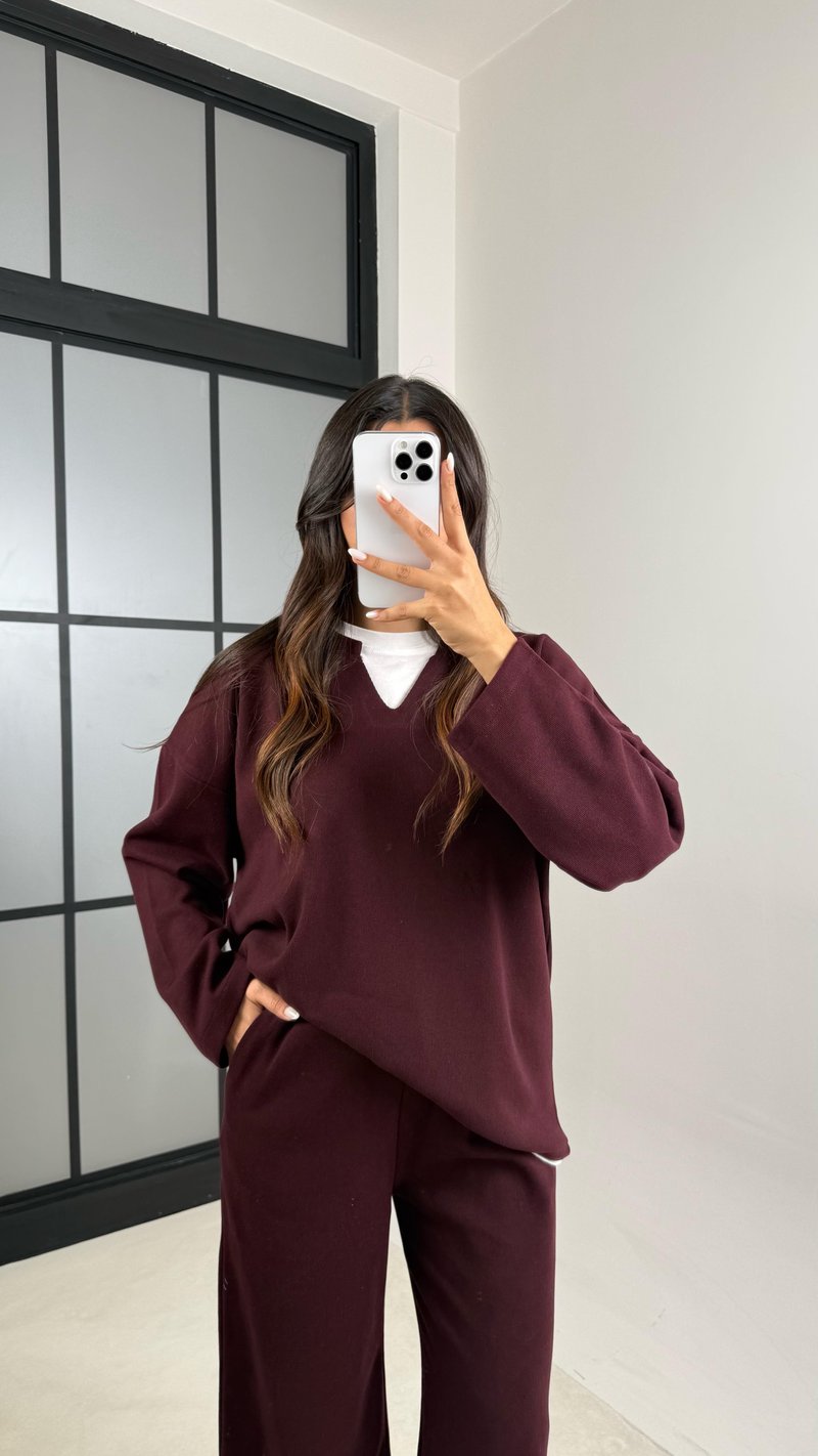Mürdüm Tshirt Detaylı Kazak Beli Lastikli Pantolon İkili Triko Takım GAUS-00485