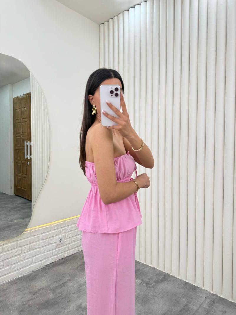 Pembe Straplez Yırtmaçlı Üst İkili Tensel Takım Gaus00275
