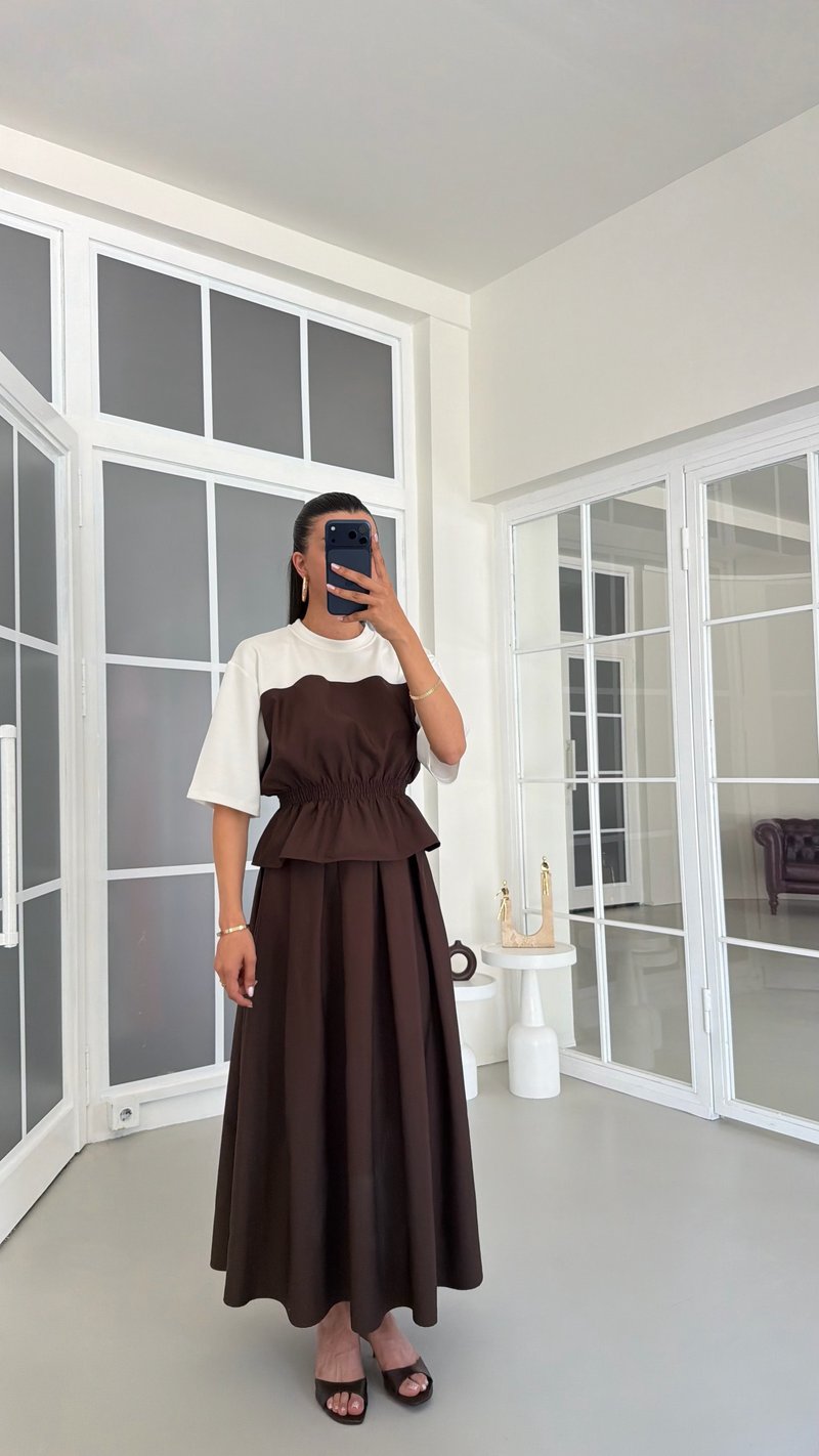 Kahve TWST Model Beli Lastikli Bluz Etek İkili Takım GAUS-01768