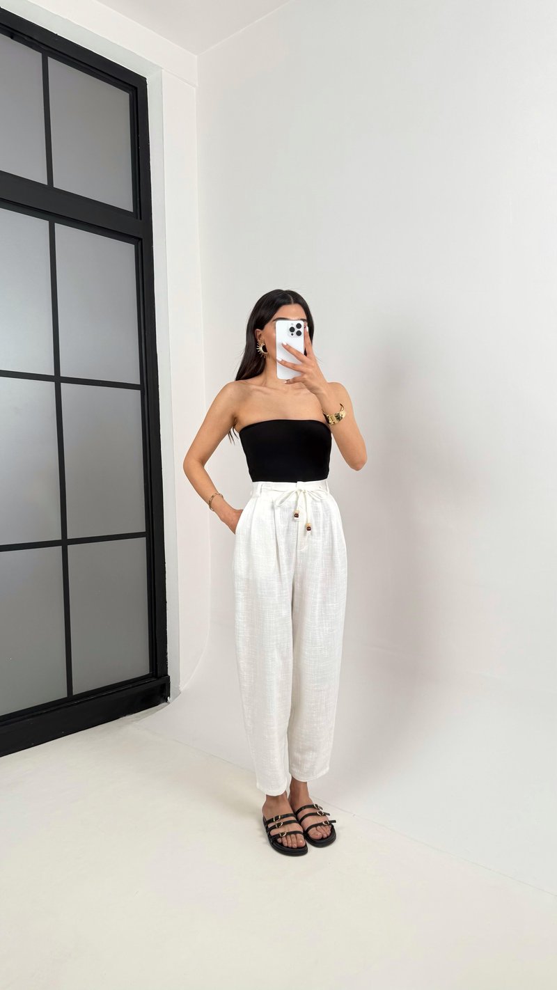 Beyaz Cepli Kuşaklı Balon Keten Pantolon Gaus00383