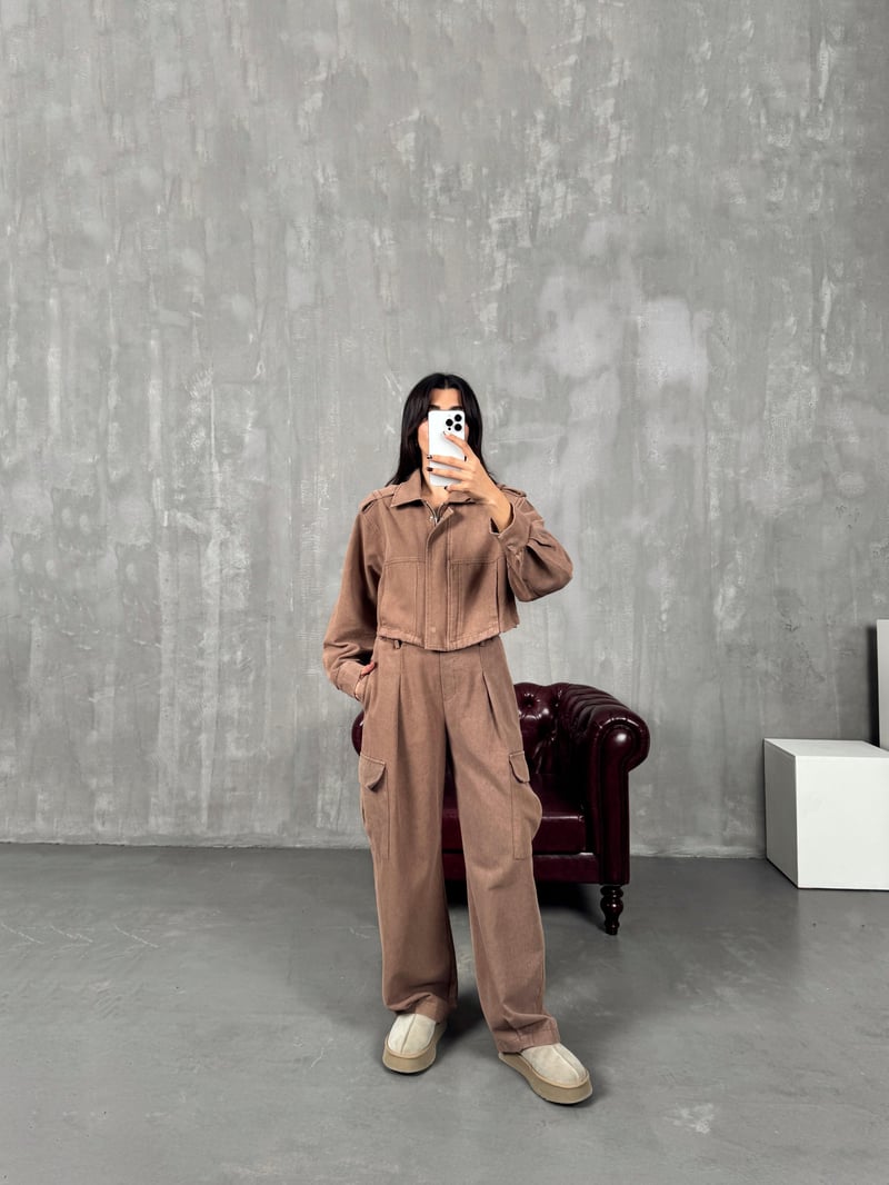 Blom Kahve Gabardin Beli Lastikli Cepli İkili Takım