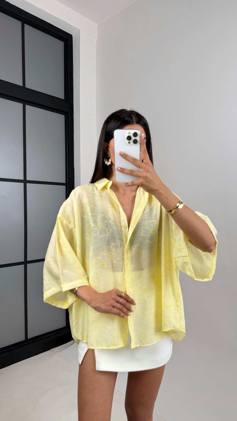 Sarı Çiçek Desenli Tencel Gömlek Gaus00544