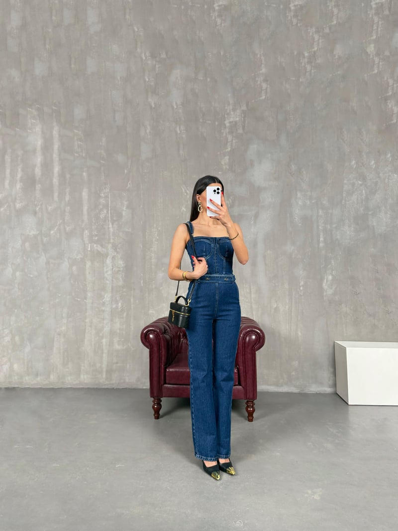 Mavi Kemer Detaylı Ayarlanabilir Askılı Fermuarlı Denim Tulum Gaus00163