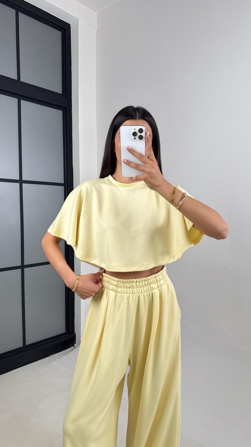 Sarı Crop Beli Lastikli Palazzo Eşofman İkili Modal Kumaş Takım GAUS-01219