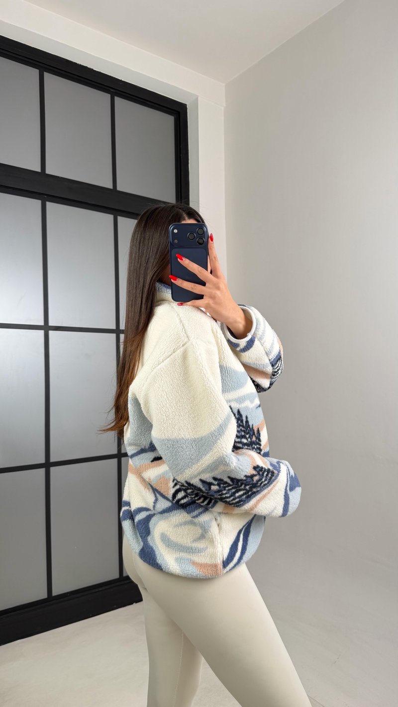 Mavi Fermuarlı Ağaç Desenli Polar Sweatshirt GAUS-00723 GAUS-01021