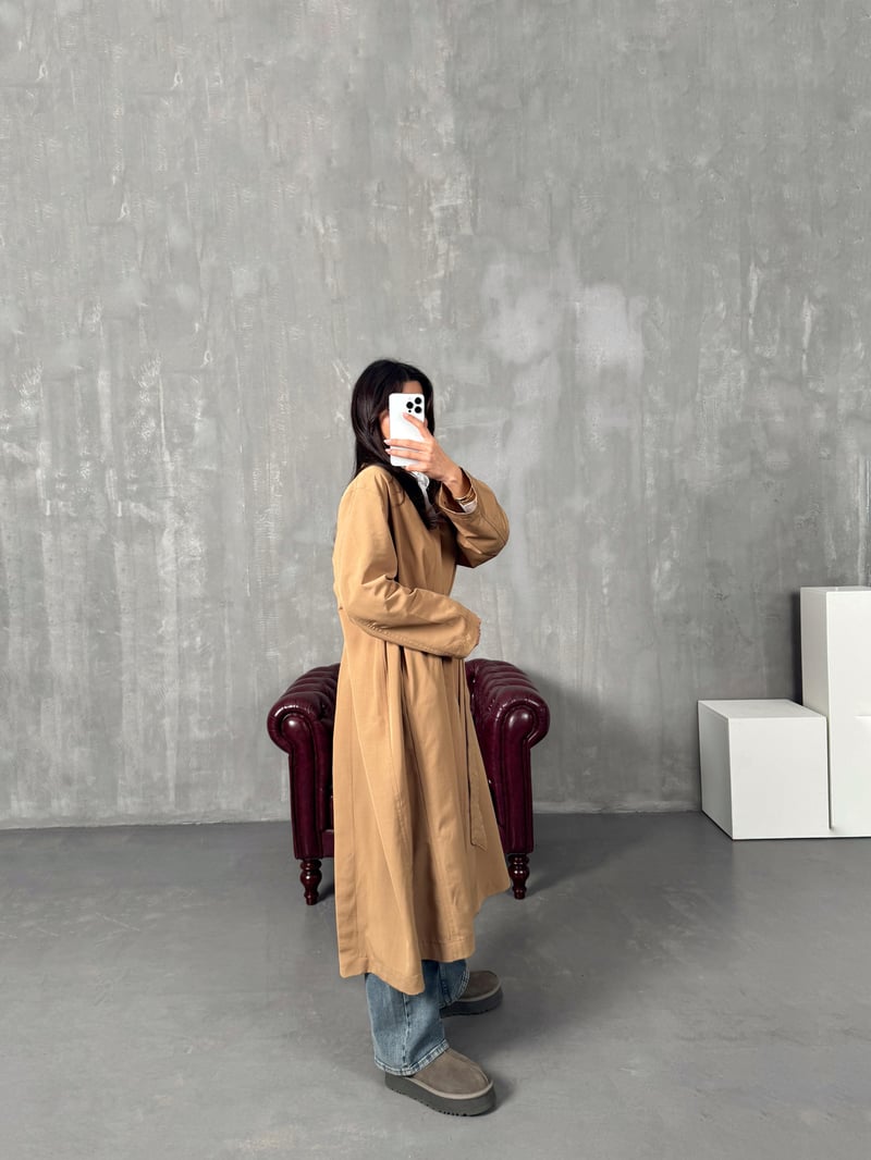 Sindy ZR Camel Muadil Premium Astarsız Kuşaklı Trençkot