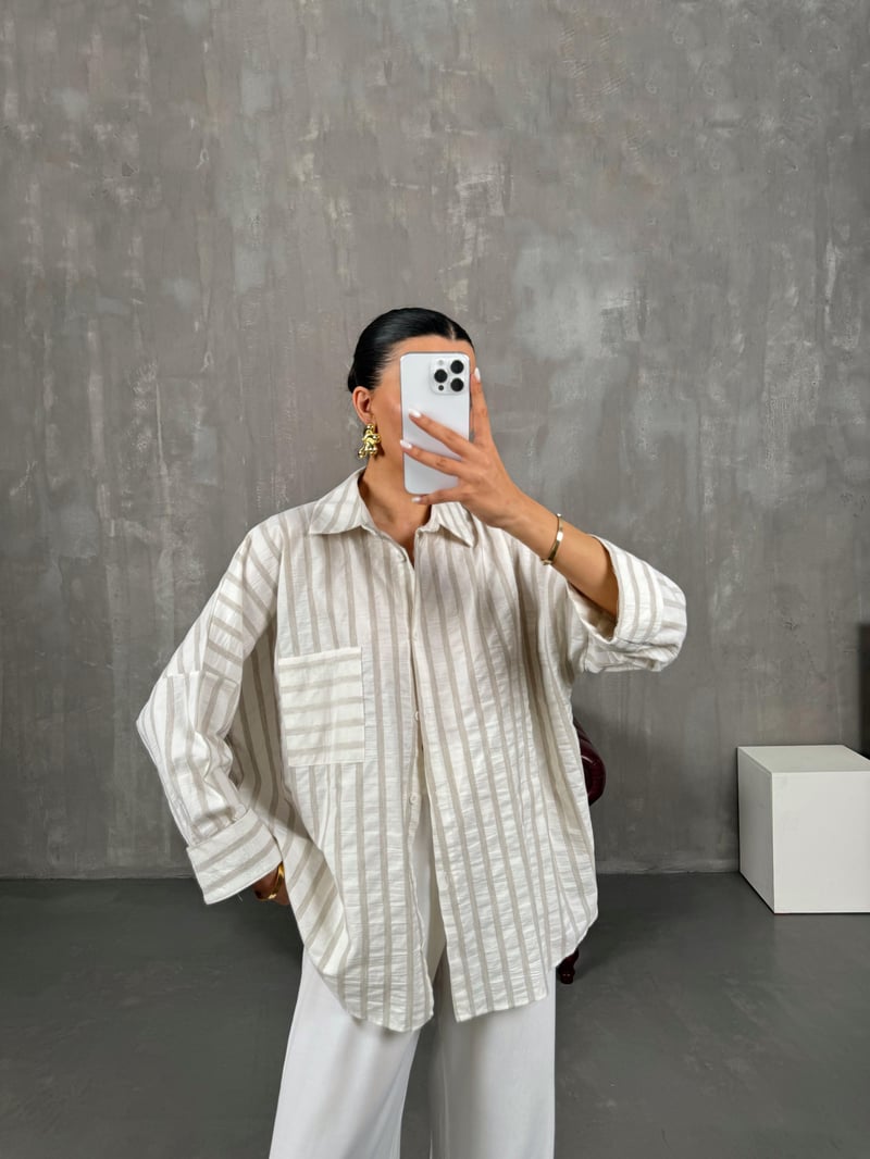 Vizon Çizgili Oversize Keten Gömlek Gaus00017