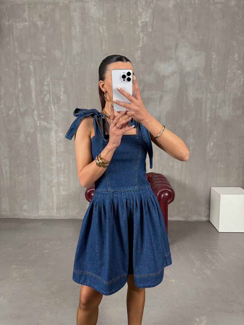 Parida Lacivert Omuz Bağlamalı Tasarım Denim Elbise