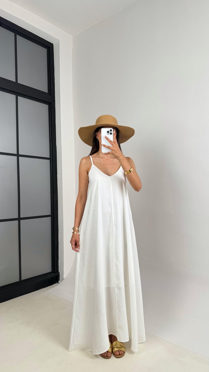 Beyaz Ayarlanabilir Askılı Astarlı Tencel Elbise Gaus00690