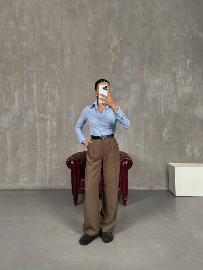 Brown Belted Imported Fabric Palazzo Pants Gaus00090