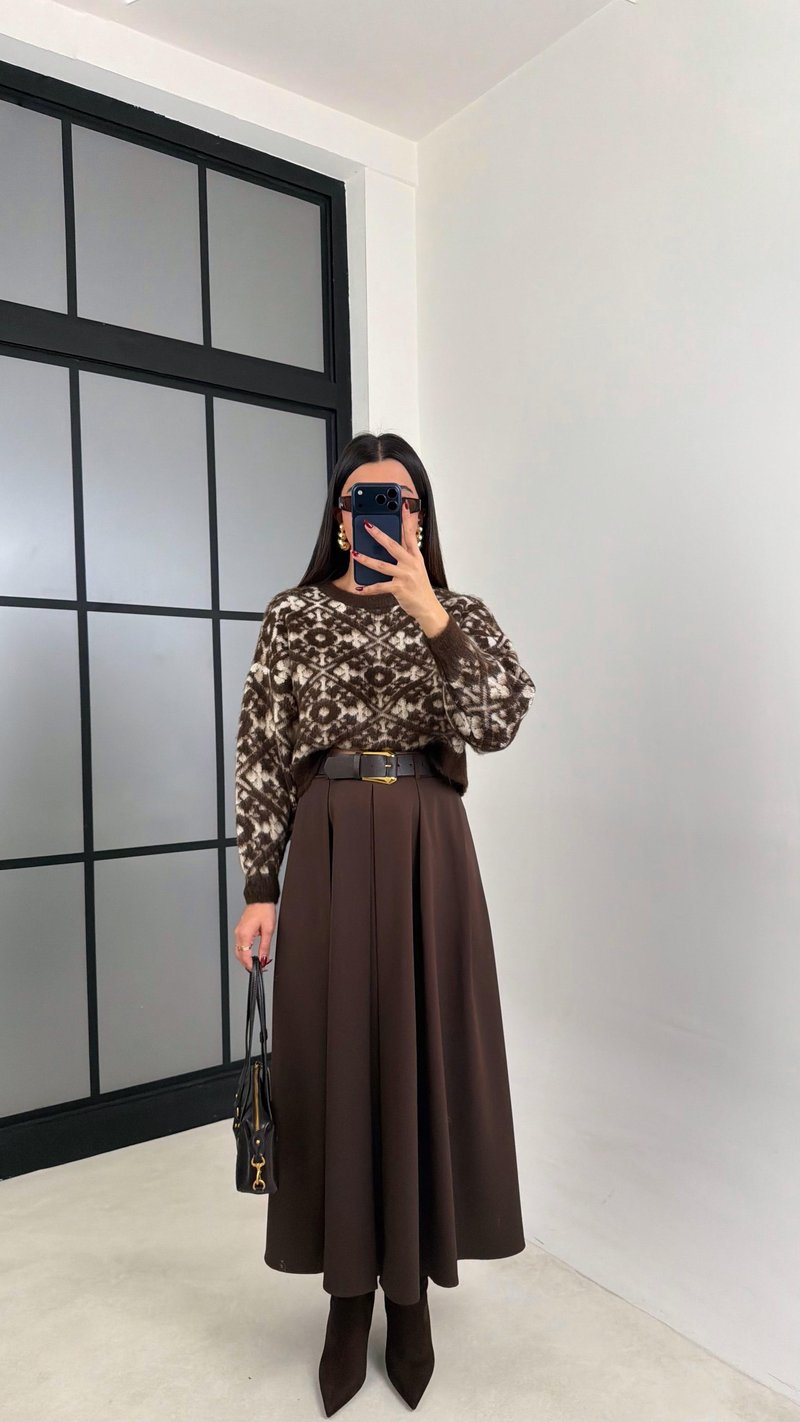 Acı Kahve Kemerli Pile Detaylı Kumaş Etek GAUS-00701