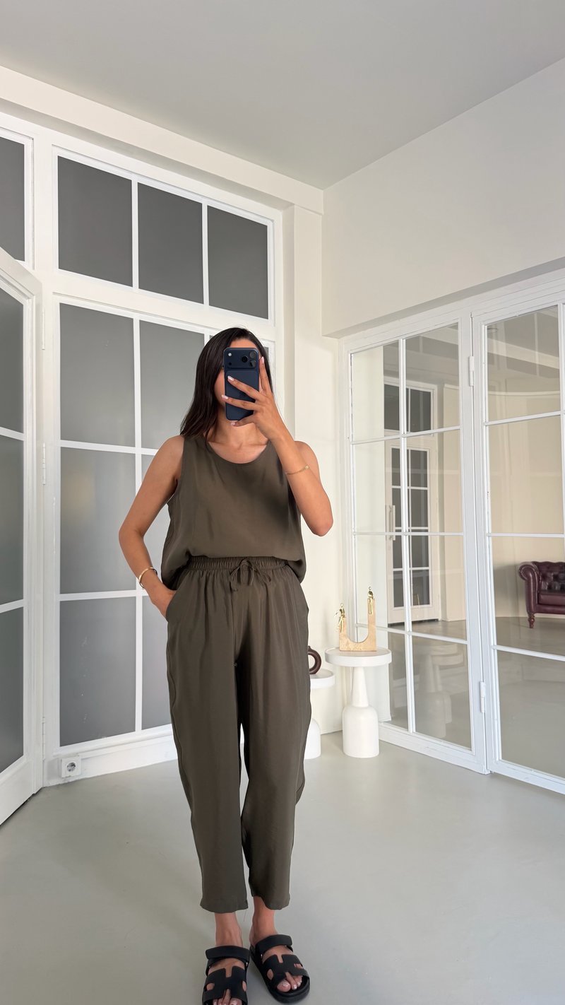 Haki Bluz Beli Lastikli Pantolon İkili Tencel Takım GAUS-01769