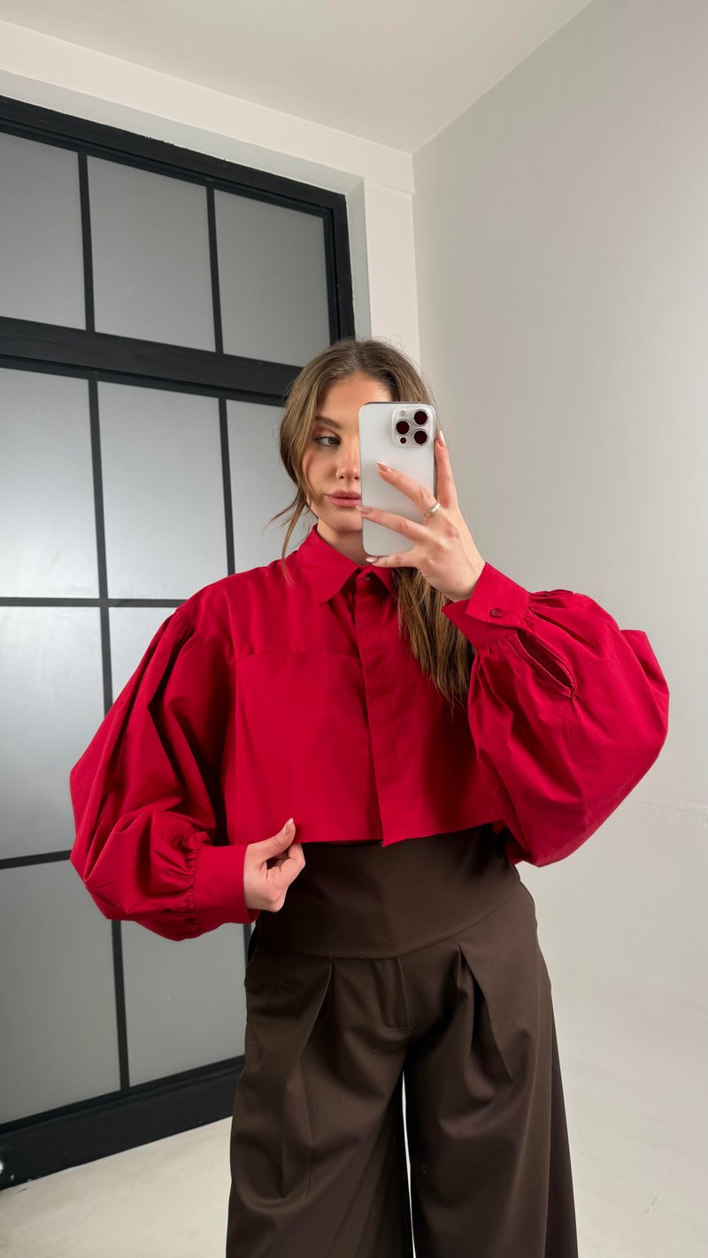 Kırmızı Balon Kol Crop Poplin Gömlek GAUS-01117