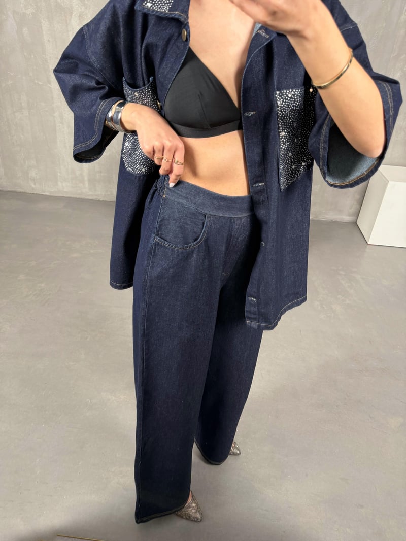 Lacivert Cep Taş İşlemeli Gömlek Pantolon Denim Takım Gaus00037